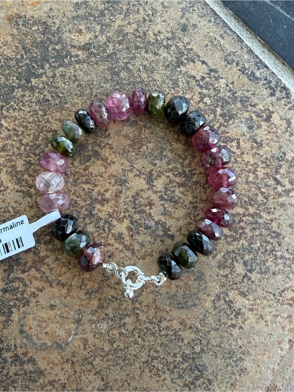 Multicolor Faceted Tourmaline Beaded Bracelet sterling silver clasp 6.50”